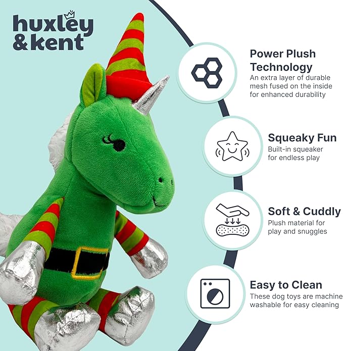 Huxley & Kent Funny Dog Toy w/Squeaker – Holiday Power Plush Squeaky Dog Toys for Small, Medium & Large Dogs – Soft Stuffed Animal for Indoor Play & Fetch - Buddy Unicorn, Small