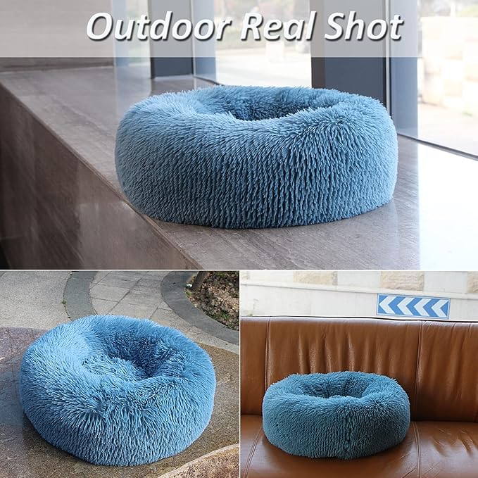 Comfy Calming Dogs Bed for Deep Sleep Small Puppy ，Puppy Bed with Fluffy Donut is for Anxiety Small Dogs，19" Round Soft Faux Fur Pet Bed for Small Dogs Under 15 lbs Machine Washable Blue