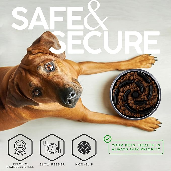 64 OZ Dog Bowl with Slow Feeder Insert Stainless Steel Pet Water Bowl for Medium & Large Breed Non Slip Rubber Base & Plastic Puzzle Feeder - Black