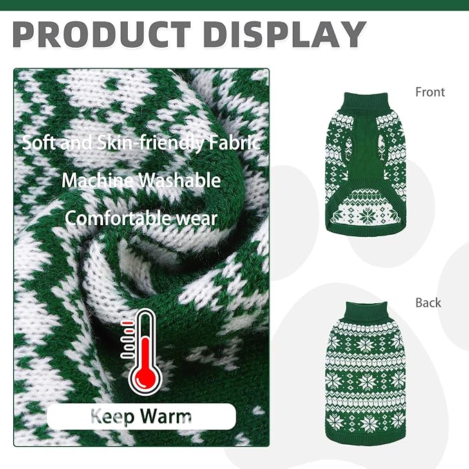 KOOLTAIL Cable Knit Dog Sweater Turtleneck, Cold Weather Pullover Classic Knitwear, Snowflake Pattern Thick Warm Winter Pet Clothes, Dog Christmas Sweater for Small Medium Large Dogs Cats,Green ML