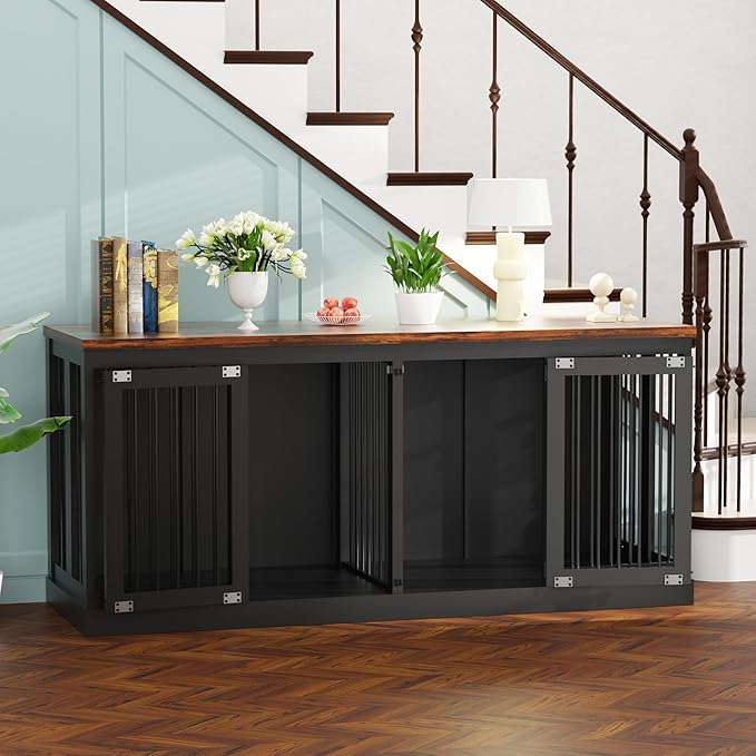 71" Dog Crate Furniture, Large Dog Kennel Furniture, Wood Double Dogs Crate Furniture Large Breed, Dog Crates for 2 Dogs Furniture, Black