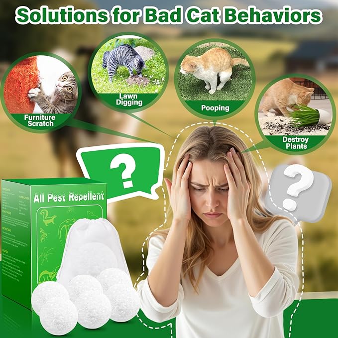 Cat Repellent Outdoor Indoor, 24 Pcs Peppermint Oil Natural Cat Deterrent Balls Preventing Cats Away from Indoor Furniture Scratch, Keep Cats Out of Yard Lawn Garden