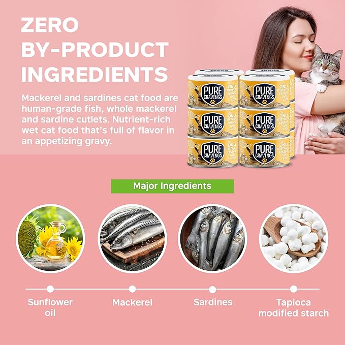 Wet Cat Food Canned Mackerel and Sardine Cutlets in Gravy, Every Catch is Mercury Tested, Moist Can Fish for Cats, Grain-Free, Protein, Non-GMO, Pack of 12
