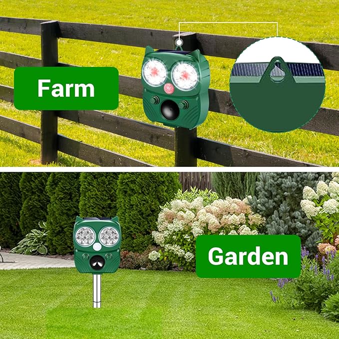 Solar Animal Repellent for Outdoor, Ultrasonic Pest Repeller with LED Strobe Light, Cat Repellent IP66 Waterproof, Effective Deterrent for Dogs, Deer, Raccoons, Skunks, Squirrels in Yard, Garden