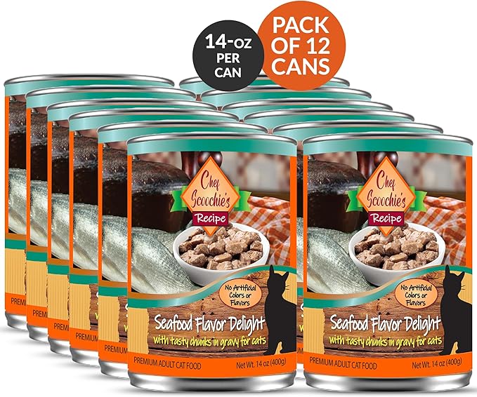 Chef Scoochie's Tender Seafood Chunks in Gravy Wet Cat Food - Easy Open Pop-Top Cans - Protein & Essential Nutrients - Gourmet Meal for Indoor & Outdoor Cats 12 Cans (14 oz e.)