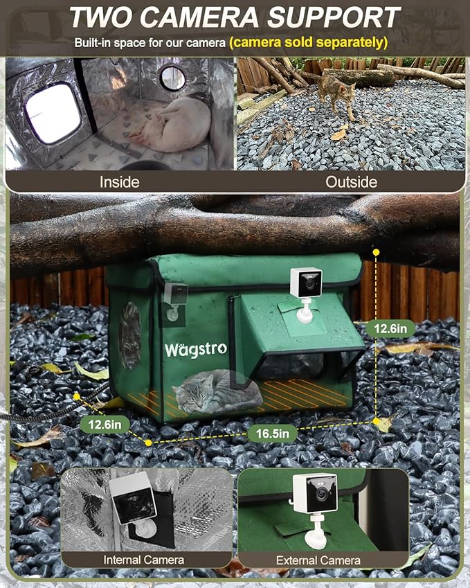 Heated Cat House for Outside, Waterproof Awning & Escape Door Heated Cat Houses for Indoor/Outdoor Cats in Winter, Elevated & Insulated Outdoor Cat Shelter for Feral Cat(Green, 16.5"x12.6"x13")