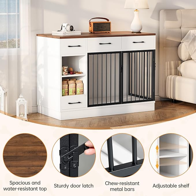 Large Dog Crate Furniture, 47.2'' Dog Kennel Indoor with 3 Storage Drawers and Hidden Feeding Bowl, Sturdy Wooden Dog Crate with 2 Doors and Adjustable Shelf for Small, Medium Dogs