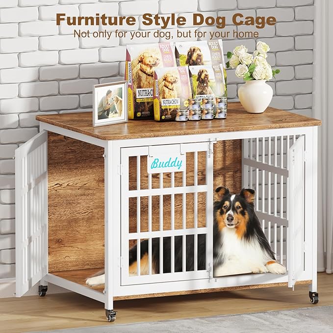 EasyCom 42"/41"/33" XL Heavy Duty Dog Crate Furniture with Casters, Dog Kennel Indoor for Large and Medium Dogs, Double-Doors Sturdy Dog Cage for Anxiety Dog, Decorate House as TV Stand, Bedside Table