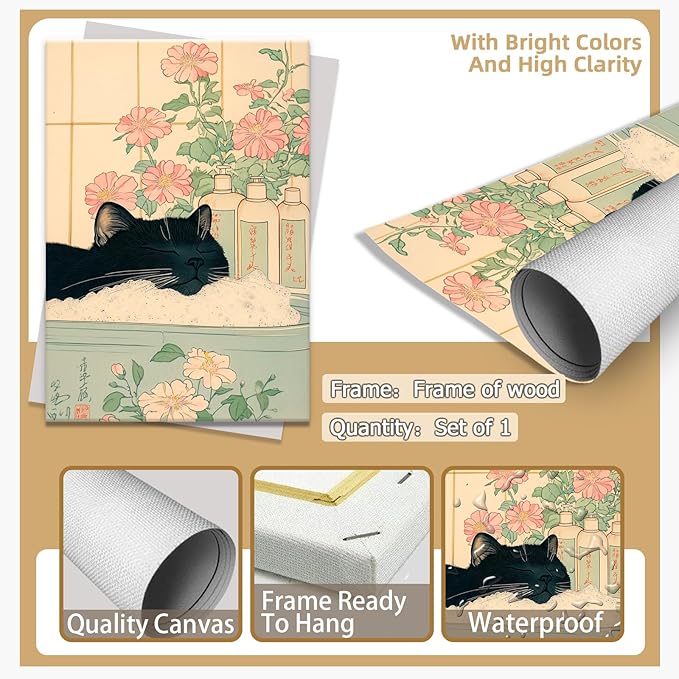 Relaxation Japanese Poster Print Cute Black Cat Wall Art Decor Bathtub Pink Flowers and Green Leaves Picture Canvas Minimalist Japan Artwork for Bathroom Bedroom Toilet Kids Room 20x30inch Framed