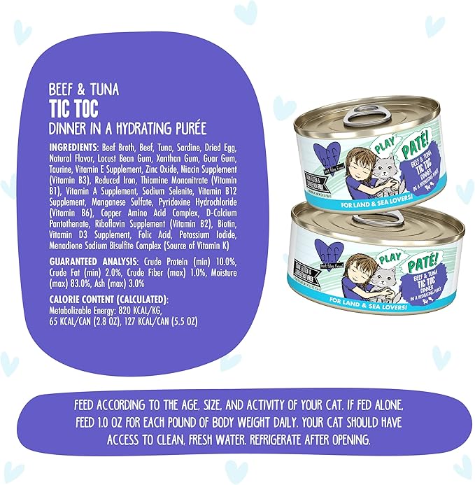 Weruva B.F.F. Play - Best Feline Friend Paté Lovers, Aw Yeah!, Beef & Tuna Tic TOC with Beef & Tuna, 5.5oz Can (Pack of 8)
