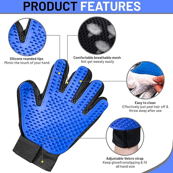 Upgrade Pet Grooming Gloves, Grooming Gloves for Dogs, Cats, Rabbits & Horses with Long and Short Hair, Efficient Pets Hair Remover Mittens - 1 Pair (Blue)