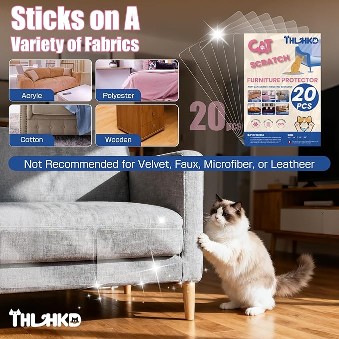 20PCS Cat Scratch Furniture Protector, Couch Protectors Tape from Cats Claws Scratching, Single Sided Clear Sticky Sheets Proof Clawing Sofa Corner Protection Cover Anti Scratch for Furniture