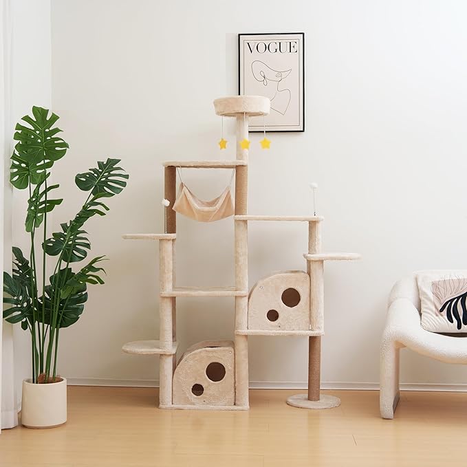 Cat Tree 67in Cat Tower Scratching Post for Cats Tree Tower Furniture for Cats with Various Houses Various Levels with Cheese Design (Beige)
