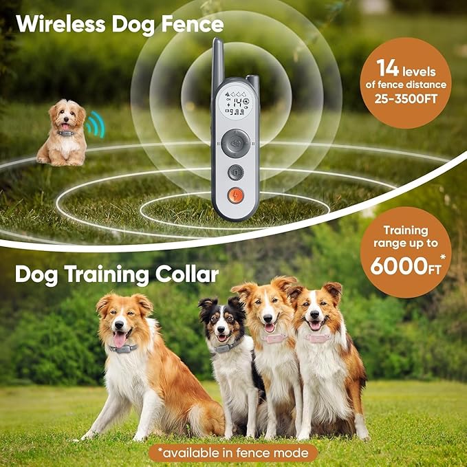 3500 Ft Wireless Dog Fence with 6100Ft Training Remote Collar, 185 Day Battery Rechargeable Electric Fence System, IPX7 Water Resistant, Use for Dogs*Grey