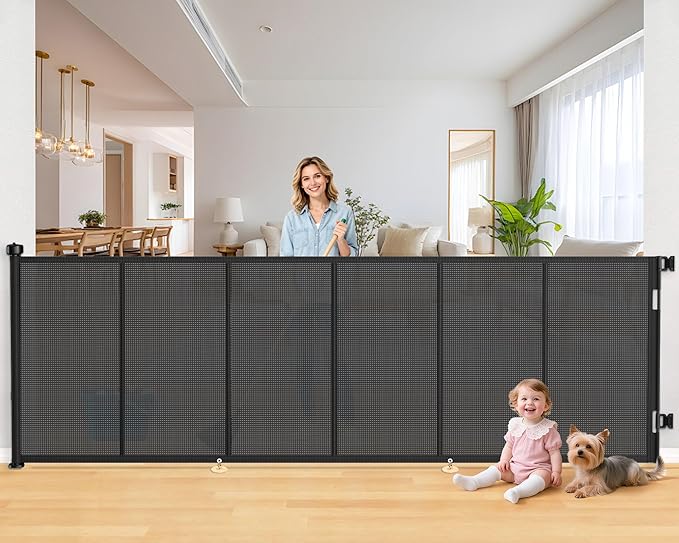 120 Inch Retractable Baby Gates Extra Wide, 41 Inch Reinforced Extra Tall Gate for Large Openings, Mesh Safety Gate for Kids Pets, Retractable Dog Gate for Stair Hallways Doorway Indoor Outdoor, Black