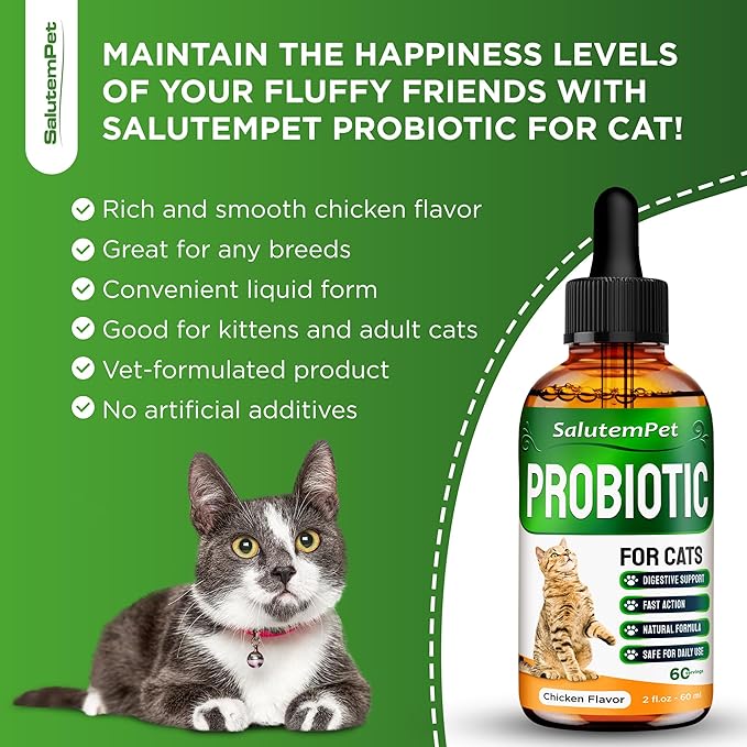 Probiotics for Cats for Digestive Support – Cat Probiotics for Indoor Cats Help with Colic, Upset Stomachs, Diarrhea, Gas, and Bloating – Prebiotics + Pleasant Chicken Flavor Inside – 2 Oz