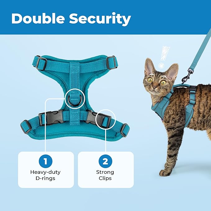 Voyager Escape-Proof Step-in Lock Cat Harness & 5ft Neoprene-Handle Leash Set All-Weather Mesh with Reflective Stitching for Small to Large Cats by Best Pet Supplies, Turquoise (327), S
