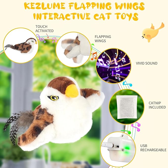 Cat Toys Flapping Bird, Lifelike Sparrow Chirp Tweet, Rechargeable Touch Activated Kitten Toy Interactive Exercise Toys for All Breeds Cat Kicker Catnip Toys, No Flying (Large 8.6 x 3.7)