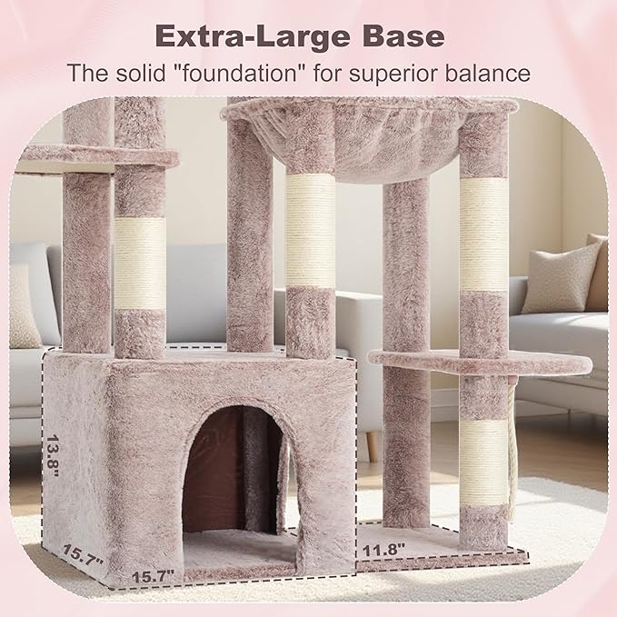 Heybly Heavy Duty Cat Tree, Tower for Indoor Cats Large Adult, Tall Cat Condo House with Extra-Large Baseboard, Multi-Level Plush Furniture with Scratching Posts, Hammock, Toy Ball, Muchroom HCT026MU