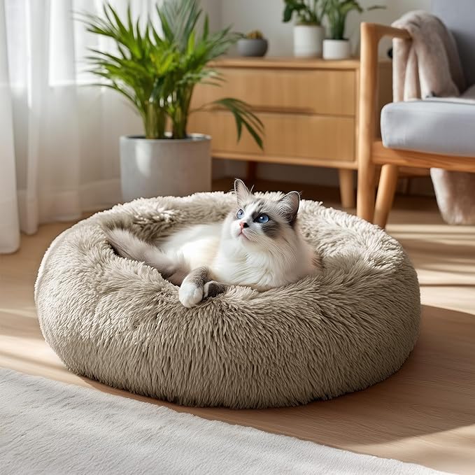 Deconovo Calming Donut Dog Bed, Washable Plush Round Pet Bed for Small Dogs & Cats with Raised Rim, Non-Slip Base and Soft Faux Fur—Lightweight, Easy-Care Design Camel 21" L x 21" W x 8" Th