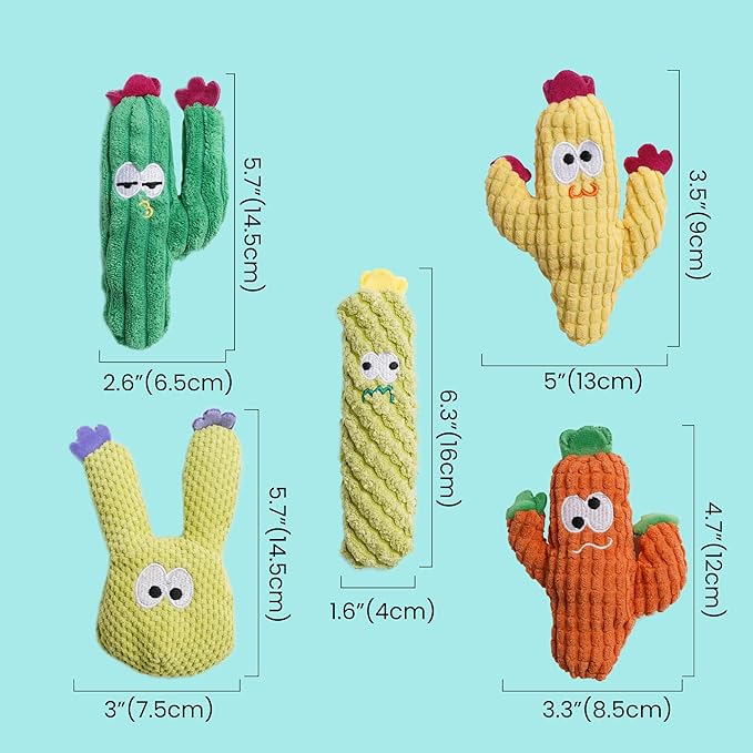 Cat Toys for Indoor Cats, 100% Pure Organic Catnip-Filled Toys Without Cotton, Interactive Cactus Kitten Toy for Anxiety Relief, Soft Cute Teething &Chew Toys, 5 Pack