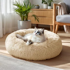 Deconovo Calming Donut Dog Bed, Washable Plush Round Pet Bed for Small Dogs & Cats with Raised Rim, Non-Slip Base and Soft Faux Fur—Lightweight, Easy-Care Design Beige 25" L x 25" W x 8" Th