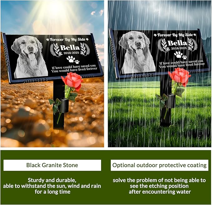 Personalized Pet Memorial Stone, Weatherproof Granite Dog Headstone - Custom Grave Marker for Dogs&Cats Engraved with Photo Name Date,Memorial Stones for Memory Garden