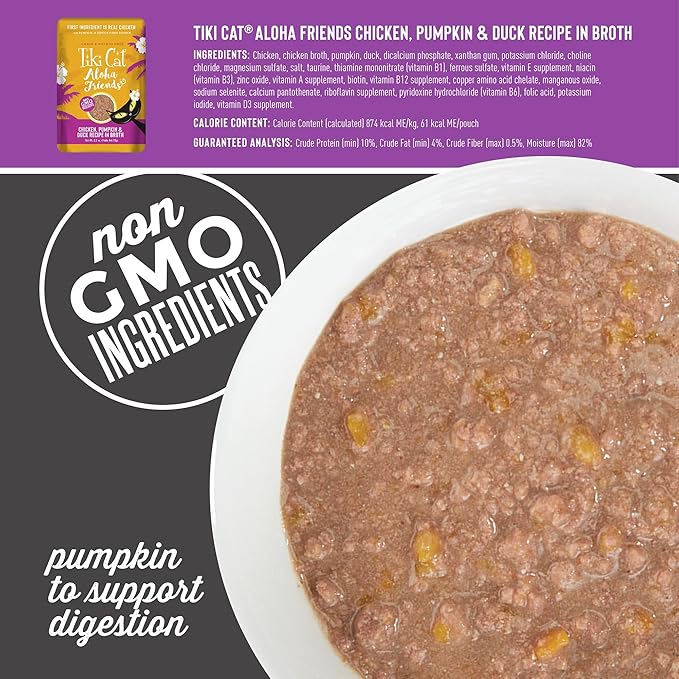 Tiki Cat Aloha Friends Variety Pack, Meaty Flavors Mixed with Pumpkin, Wet, High-Protein & High-Moisture Cat Food, For All Life Stages, 2.5 oz. Pouch (Pack of 12)