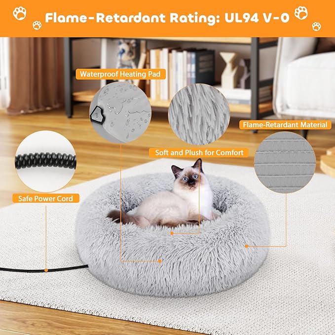 Heated Cat Bed for Indoor Cats - Fluffy 23 Inch Donut Pet Bed with Removable Heating Pad for Cats & Small Dogs, Ideal for Year Round Comfort