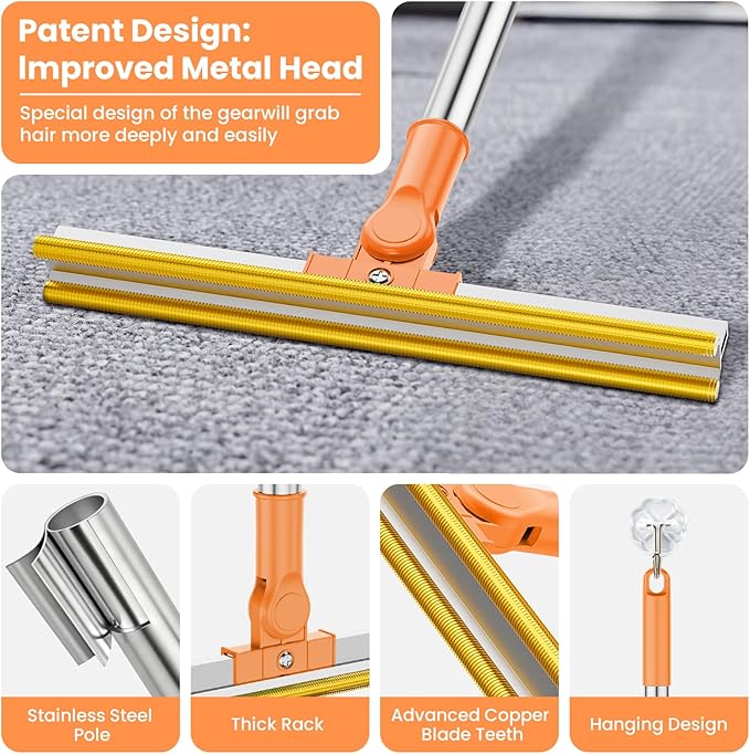 3 in 1 Carpet Rake for Pet Hair Removal, Tool Set of 3, 55” Long Handle Carpet Pet Hair Removal Carpet Scraper Dog Cat Hair Remover for Sofa, Couch, Car, Rug (Orange)