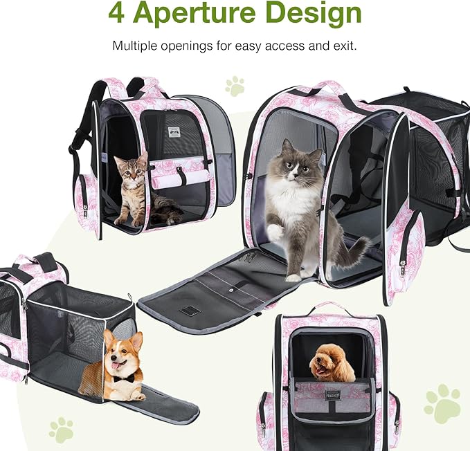 Lekebobor Large Cat Backpack Carrier Expandable Pet Carrier Backpack for Small Dogs Medium Cats Fit Up to 18 Lbs,Dogs Foldable Puppy Backpack Carrier for Travel, Hiking,Pink Flowers Pattern