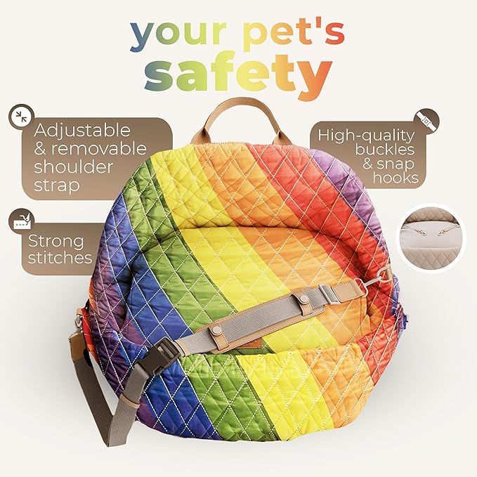 Dog Car Seat for Small Dogs – 3-in-1 Travel Carrier – Washable, Anti-Slip, Safety Straps – Fits Front & Back Seats – Cozy Pet Car Seat up to 25 lbs – Rainbow