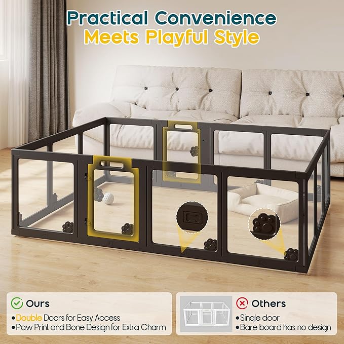 Albott Acrylic Clear Dog Playpen Indoor, Modular Puppy Cat Small Pet Play Pen with 2 Doors, Transparent Fence for Little Dogs, Cats, Rabbits, Easy Assemble and Disassemble, Black (24" H, 14 pcs)