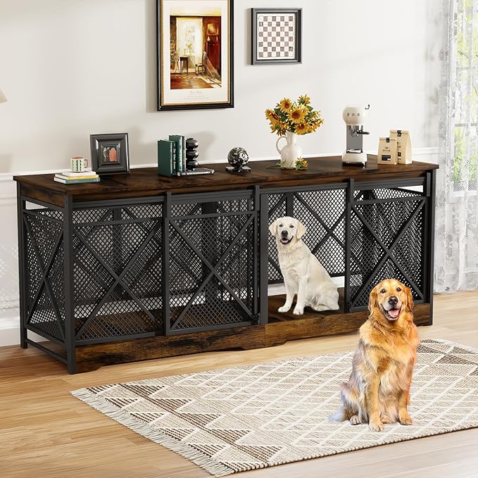 COZPAW 78 Inch Double Dog Crate Furniture, Extra Large Dog Kennel Indoor for Medium Large 2 Dogs, Heavy Duty Dog Cage Chew-Resistant Steel and Wooden Pet House with Removable Divider (Brown)