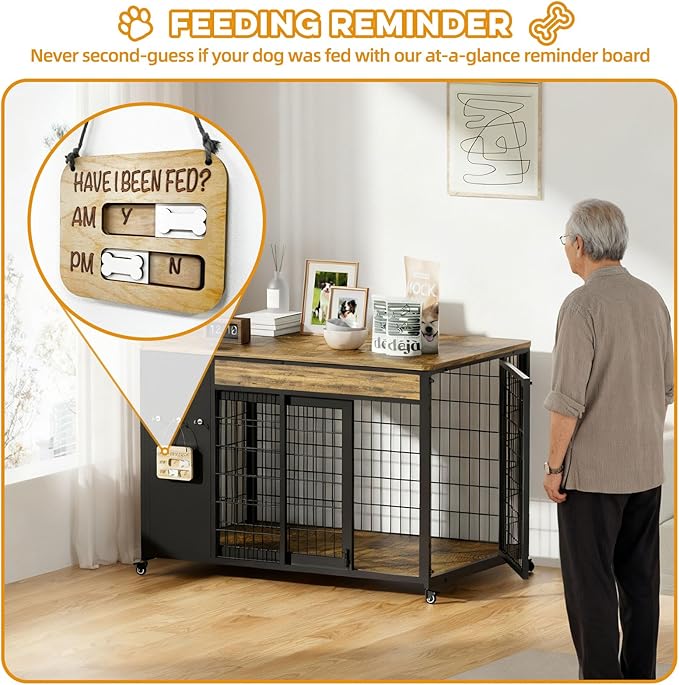 38" Dog Crate Furniture - Dog Crate with DIY Frame, Sliding Door Indoor Kennel, Wooden Dog Cage End Table, for Medium/Large Breed, Rustic Brown Size L