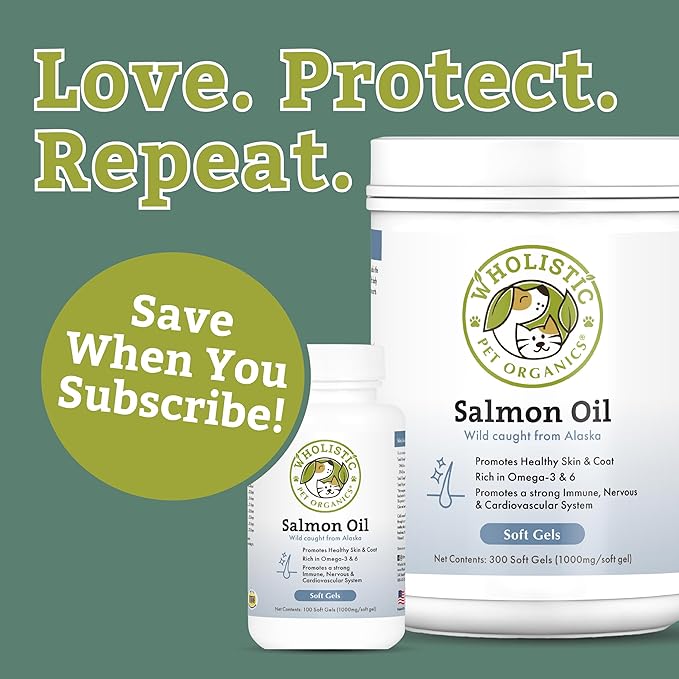 Wholistic Pet Organics Wild Alaskan Salmon Oil for Dogs - 500 Soft Gels - Rich Omega 3 Fish Oil with EPA & DHA for Skin, Coat, Joint, and Heart Health - Choice for Dog Skin & Coat Care