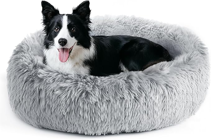 Deconovo Calming Donut Dog Bed, Washable Plush Round Pet Bed for Small Dogs & Cats with Raised Rim, Non-Slip Base and Soft Faux Fur—Lightweight, Easy-Care Design Light Grey 33" L x 33" W x 8" Th