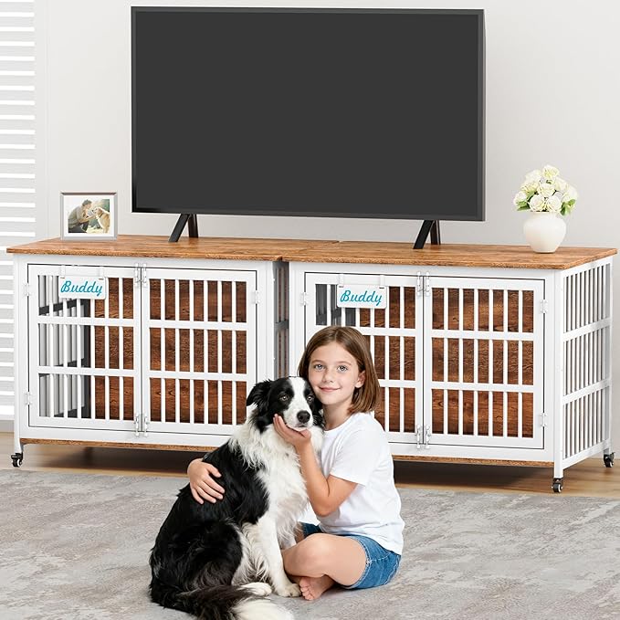 EasyCom 42"/41"/33" XL Heavy Duty Dog Crate Furniture with Casters, Dog Kennel Indoor for Large and Medium Dogs, Double-Doors Sturdy Dog Cage for Anxiety Dog, Decorate House as TV Stand, Bedside Table