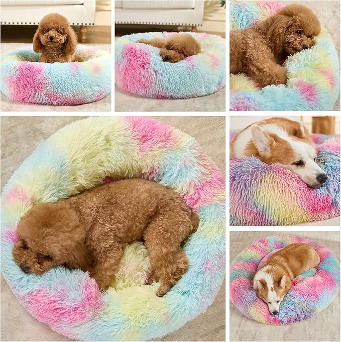 Dog Calming Beds for Small Medium Large Dogs - Round Donut Washable Puppy Dog Bed, Anti-Slip Faux Fur Fluffy Donut Cuddle Anxiety Cat Pet Bed(20'' Color)