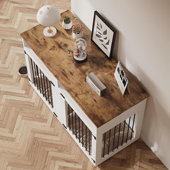 Dog Crate Furniture for 2 Dogs, 55 Inch Dog Crate Indoor with Removable Divider and Shelf Storage, Wooden Dog Crates for Medium Dogs, White