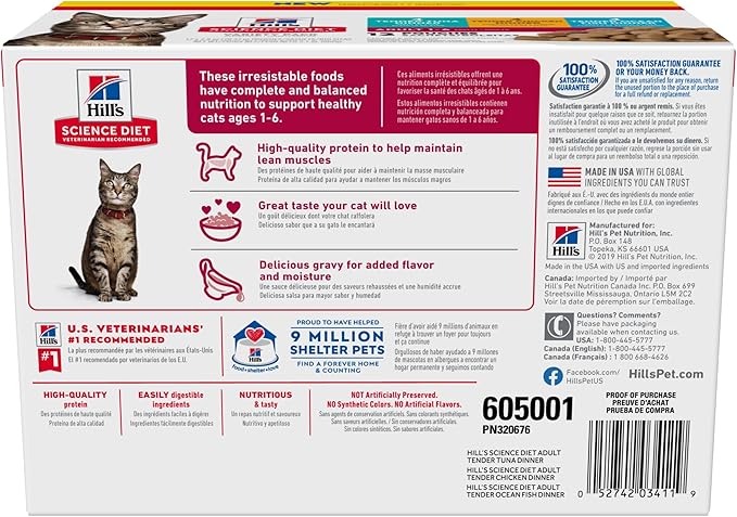 Hill's Science Diet Adult 1-6, Adult 1-6 Premium Nutrition, Wet Cat Food, Variety Pack: Tuna, Chicken, Ocean Fish Stew, 2.8 oz Pouch Variety Pack, Case of 12