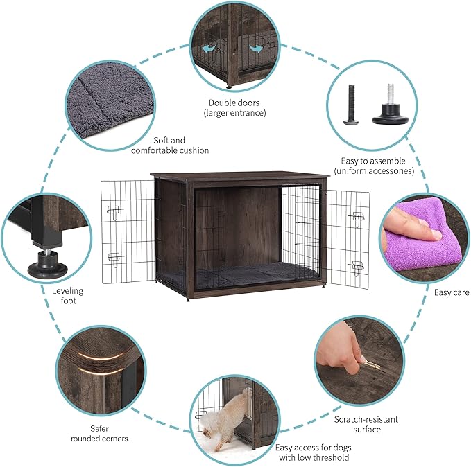 DWANTON Dog Crate Furniture with Cushion, Wooden Kennel Table with Double Doors, Indoor Dog House, Extra Large Size, 43.3" L, Dark Gray