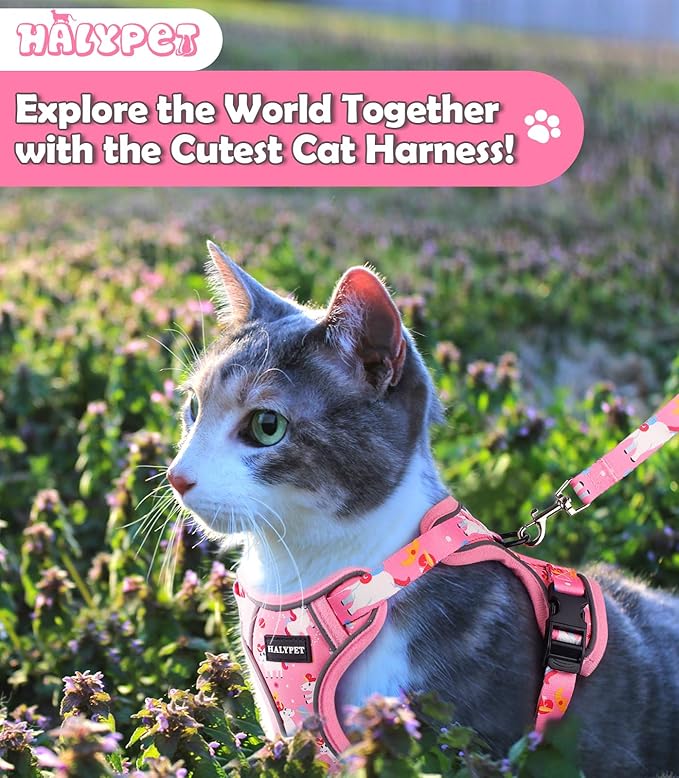 Halypet Cat Harness and Leash Set[MAX Safety 4th-Gen] Cute Escape Proof Vest Harness for Girl&Boy Cat Walking, Comfortable Adjustable Leash and Reflective Strips for Outdoor Kitten, M Pink Unicorn