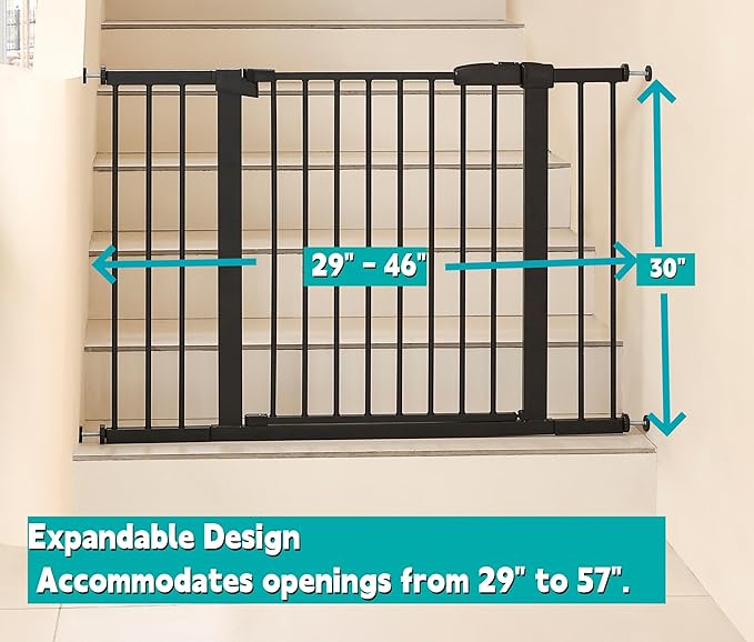 29"-57" Baby and Pet Safety Gate, 30" Tall Metal Walk-Thru Gate for Doorways & Stairs, Easy One-Hand Open, Dual Lock, Extensions & Wall Mounts Included (Black, 29"-46" W x 30.5“H)