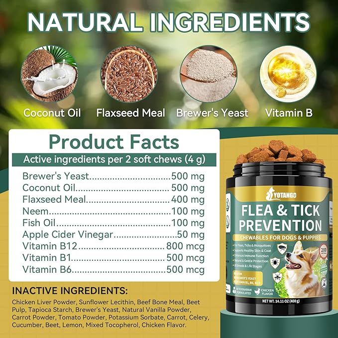 YOTANGO Natural Flea & Tick Support Chews for Cats & Dogs, 2-Pack Bundle for Natural Flea Prevention & Skin Health, 400 Chews Total, Safe & Effective, Plant-Based Formula for All Breeds