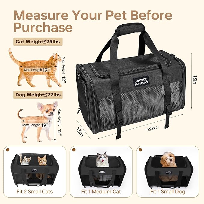 Pet Carrier for Large Cats 25 lbs, Mesh Pets Travel Carriers for Puppy Two Small Cats Rabbits with Shoulder Strap & Removable Mat, Portable Collapsible Puppy Crate Indoor and Outdoor, Black