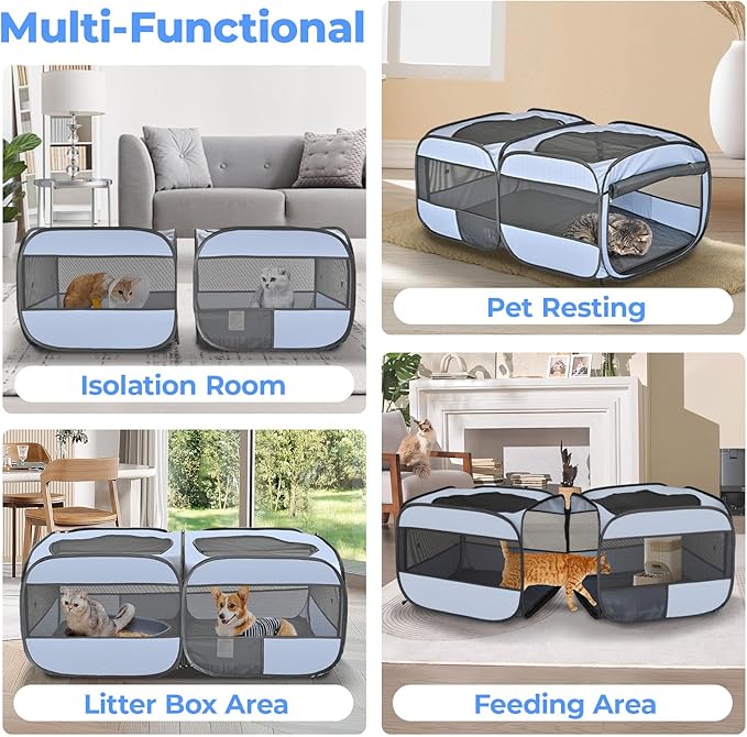 2-in-1 Pop Up Puppy Playpen, Detachable into 2 Separate Pens with Additional Doors, Assembly-Free Portable Cat Dog Crates Pet Pen Tent Kennel Kitten Enclosure Cage Indoor Outdoor Foldable Condo(L)