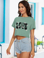 Womens Summer Crop Tops Short Sleeve Round Neck T-Shirts Loose Fit Casual Blouse