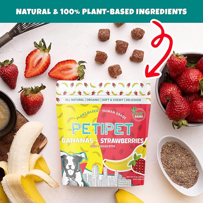 Bananas+Strawberries Plant-Based Fruit Dog Treats - Strawberry, Apple, Banana Soft & Chewy Treats - Healthy, Vegetarian, Vegan - Organic Ingredients, Low-Protein, Hypoallergenic, Gluten-Free