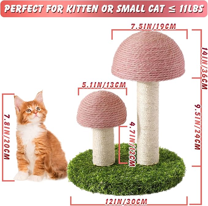 Cat Scratching Post - Mushroom Cat Scratcher Featuring with Natural Sisal Caps Scratch Pole and Sturdy Base for Kittens & Small Cats - Pink